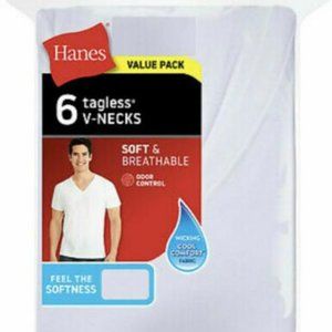 Men’s Hanes 6pk White Tagless V-neck T-shirts—lg